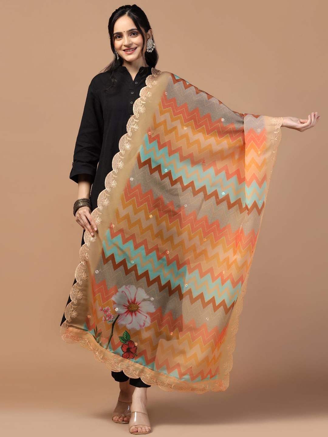 

Kaizen TEXO FAB Floral Printed Organza Dupatta, Orange