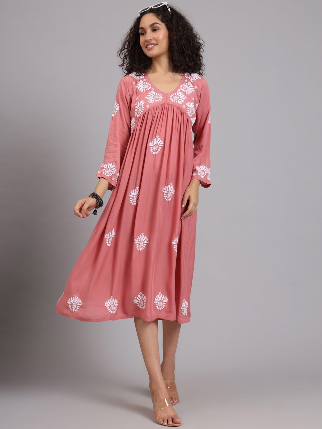 

The Chikan Label Women Embroidered Flared Sleeves Thread Work Floral Kurta, Coral