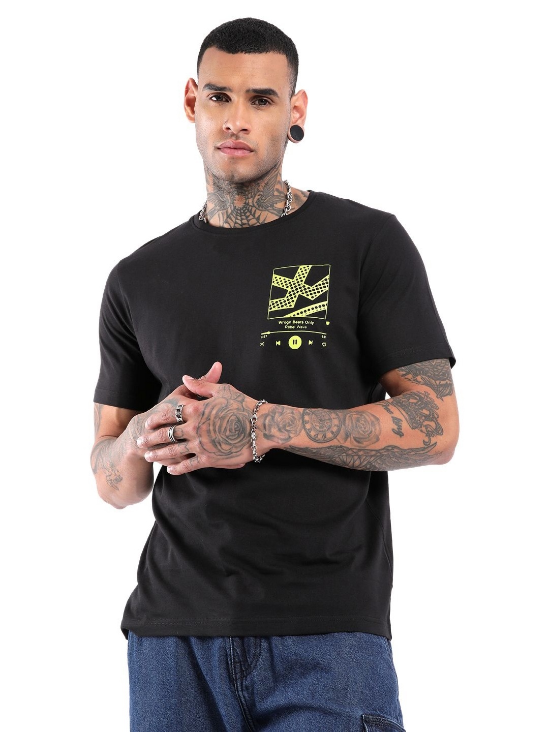 

WROGN Rebel Wave Graphic Printed Slim Fit Cotton T-shirt, Black