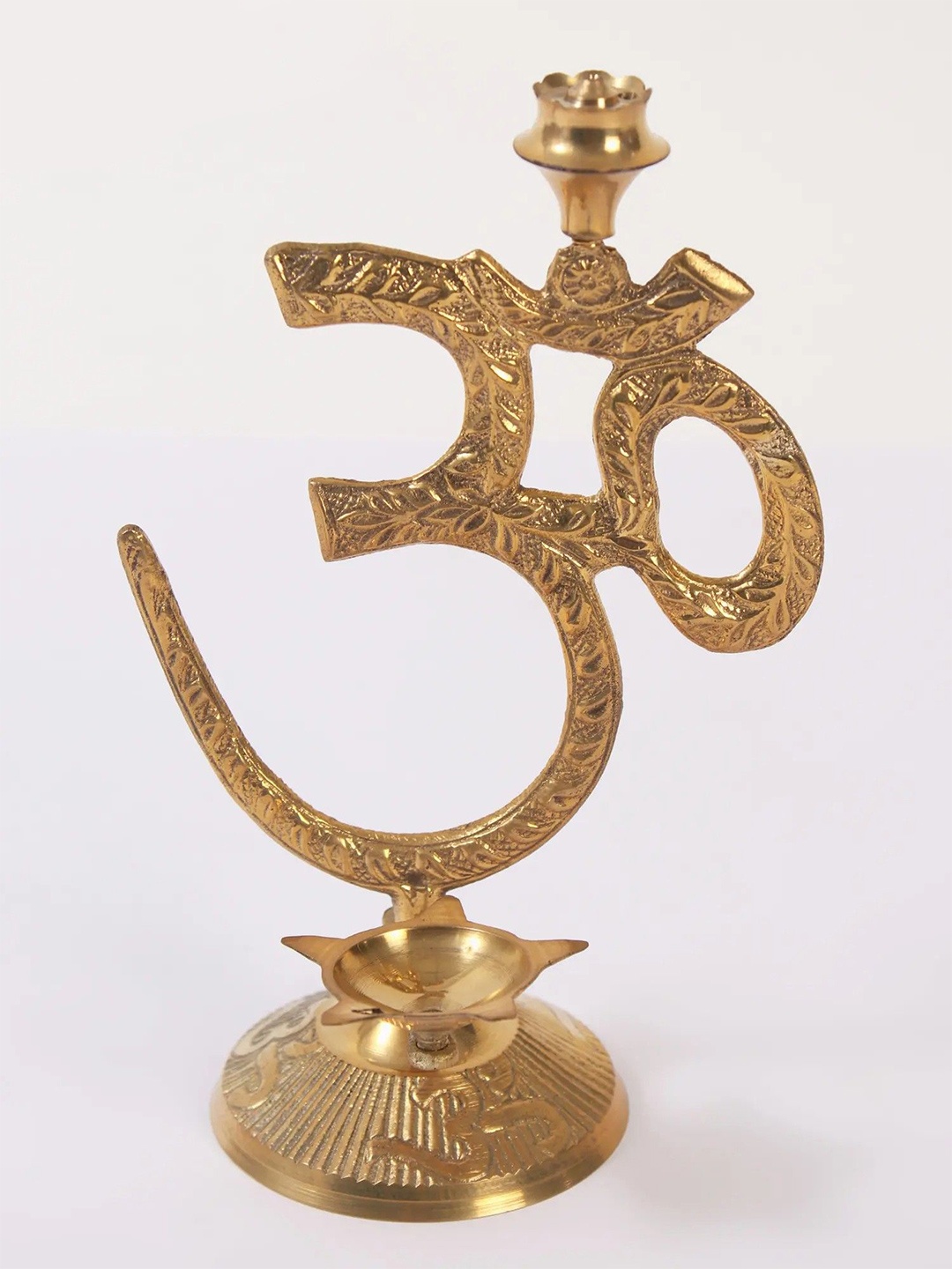 

Exotic India 6" Brass Om Stand with Diya and Incense Holder, Gold