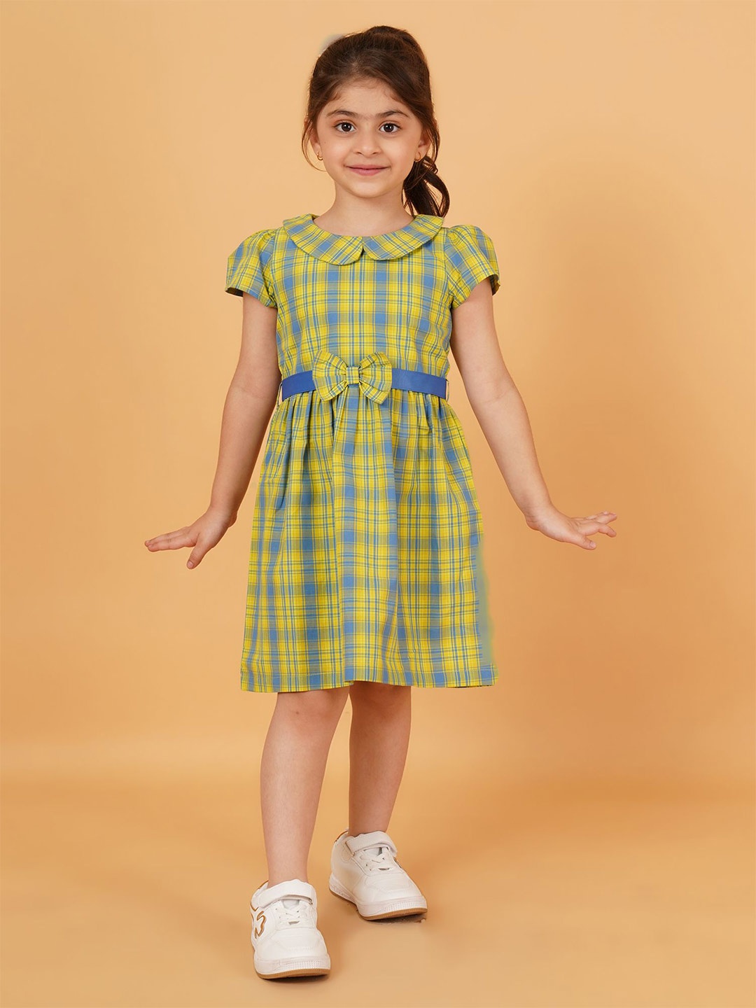 

Creative Kids Checked Cold-Shoulder Fit & Flare Dress, Blue