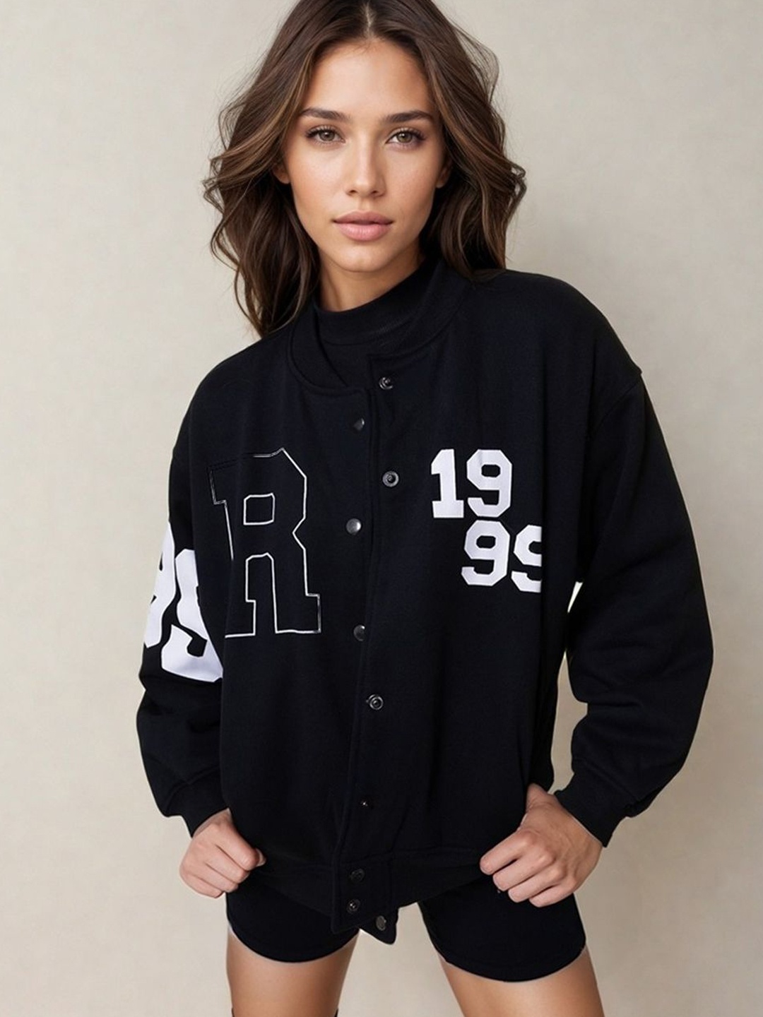 

HERSHEINBOX Women Fleece Longline Bomber with Patchwork Jacket, Black