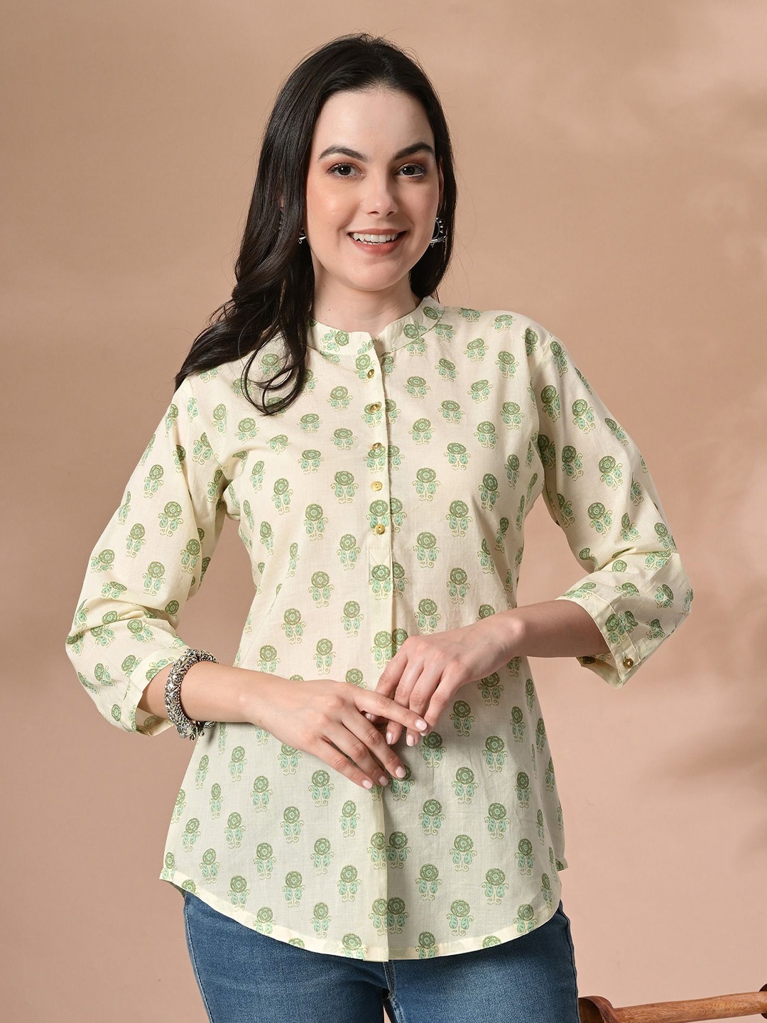 

Zalima Print Mandarin Collar Cotton Top, Cream