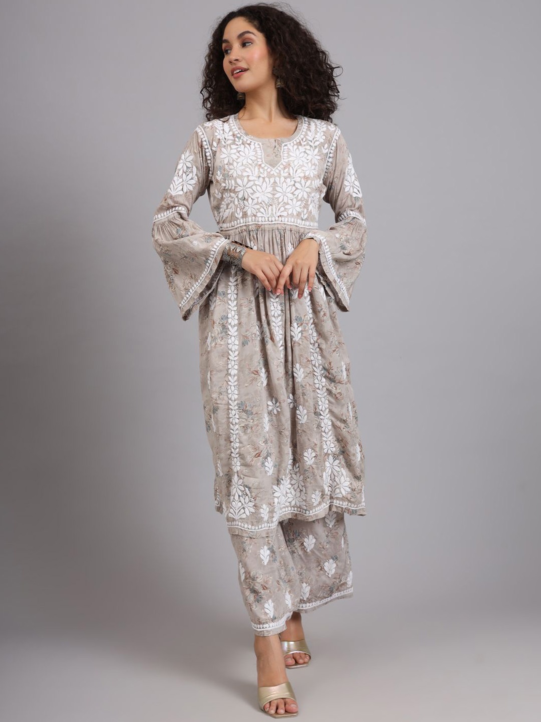 

The Chikan Label Women Floral Embroidered Pleated Thread Work Pure Cotton Kurta with Palazzos, Grey