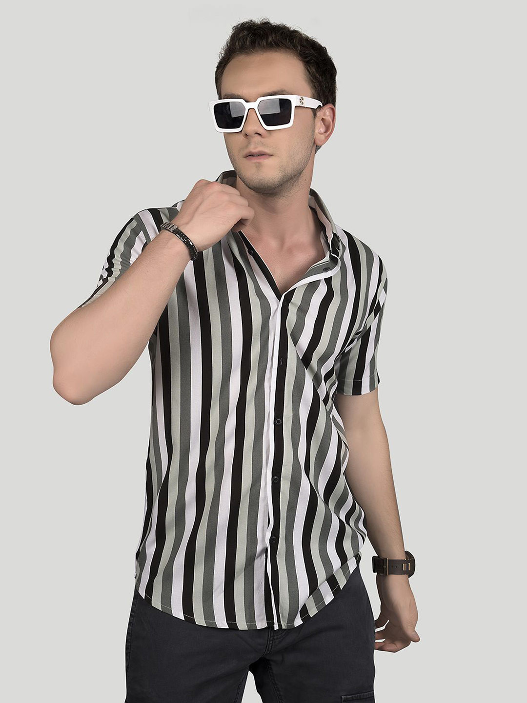 

ALMATY Men Comfort Slim Fit Opaque Striped Party Shirt, Green