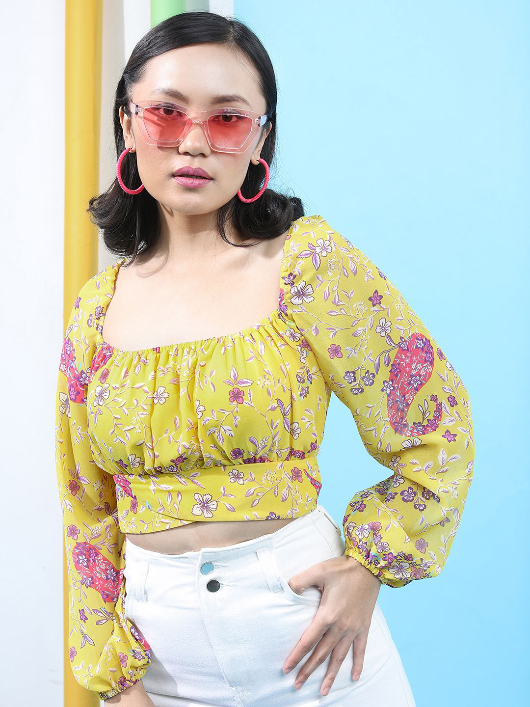 

Tokyo Talkies Floral Print Puff Sleeve Blouson Crop Top, Yellow