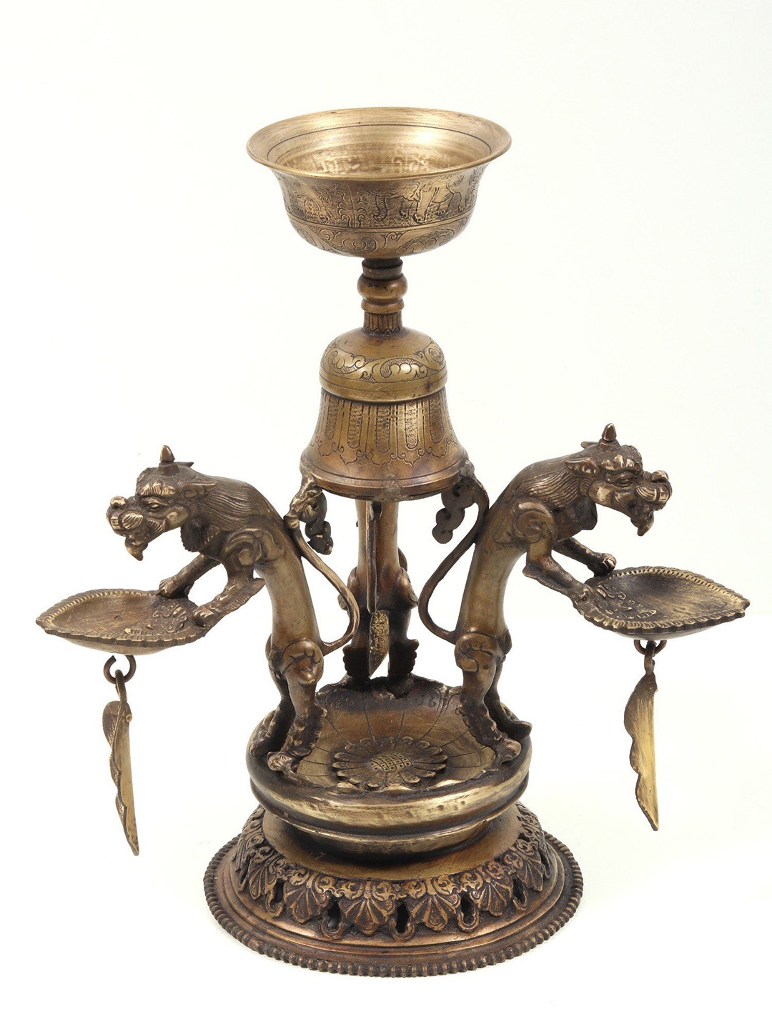 

Exotic India 12" Brass Nepali Temple Lion Lamp, Gold