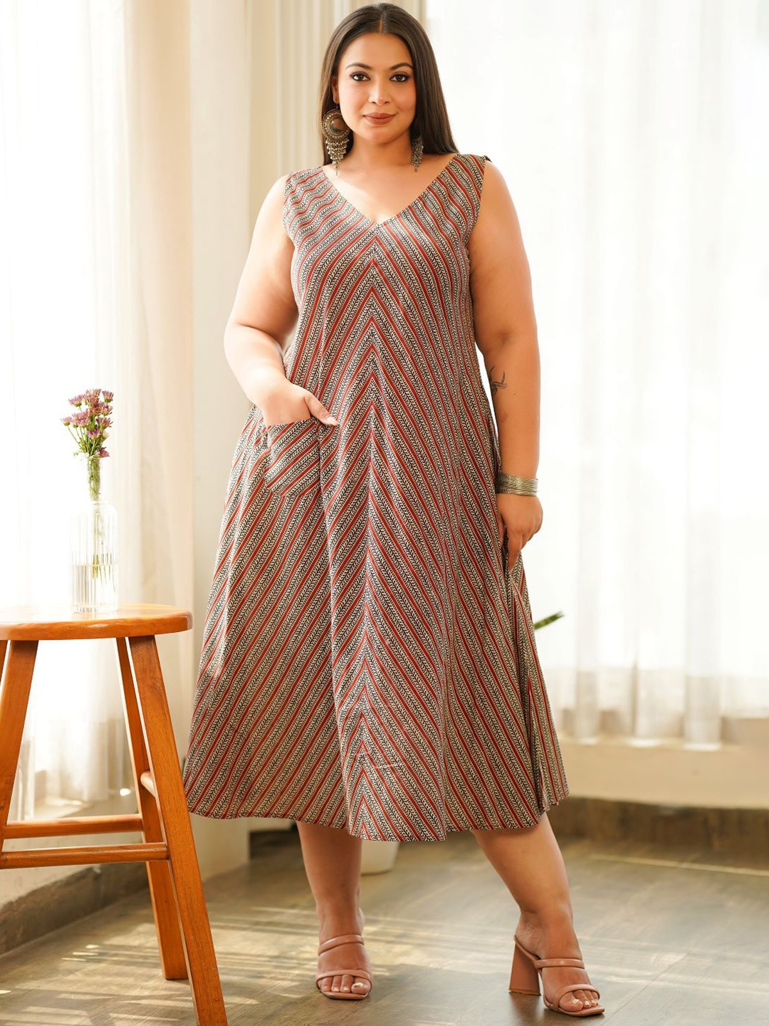 

NANGALIA RUCHIRA Plus Size Striped Pure Cotton A-Line Midi Dress, Brown