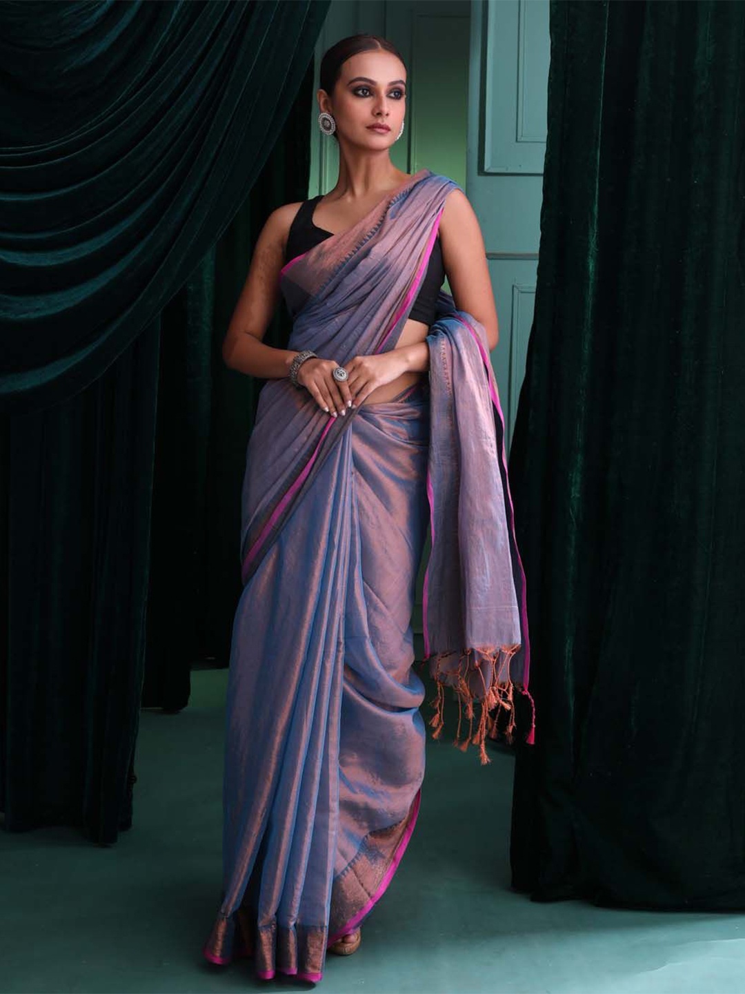 

Indethnic Woven Border Zari Jamdani Saree, Blue