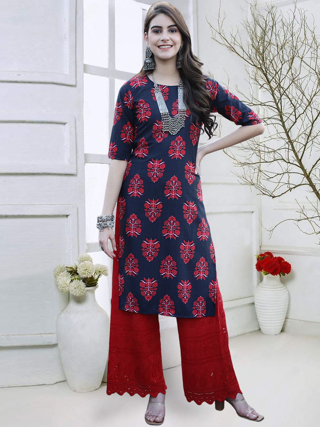 

7Threads Women Quirky Printed Mirror Work Floral Crepe Kurta, Multi