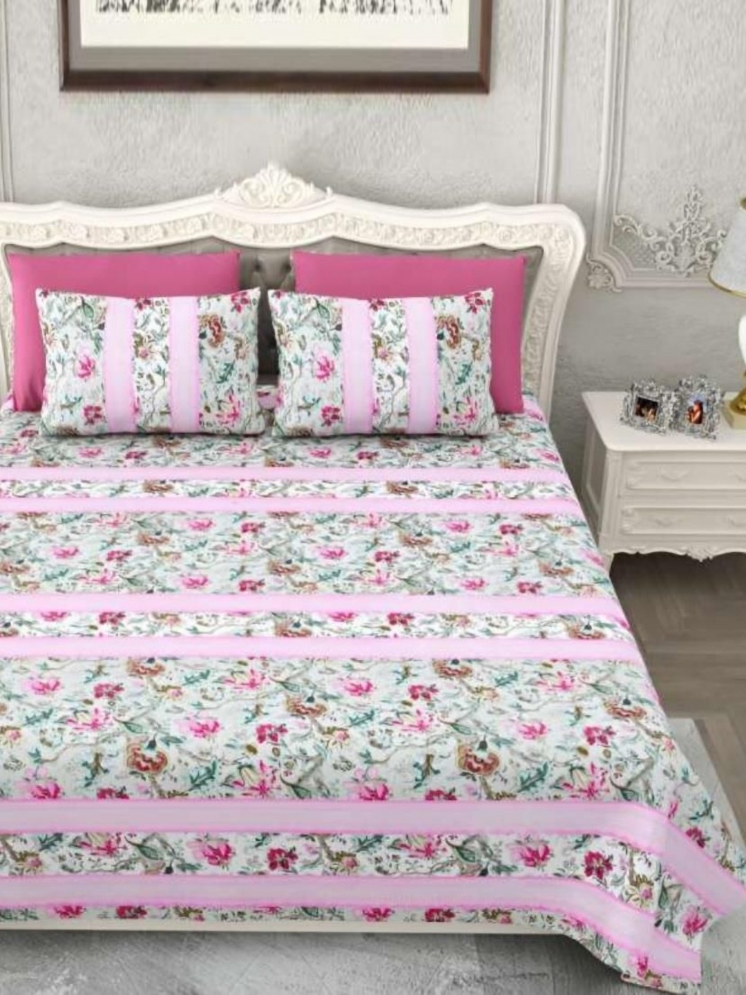 

Bedbathandbliss Pink Floral 300 TC King Bedsheet with 2 Pillow Covers