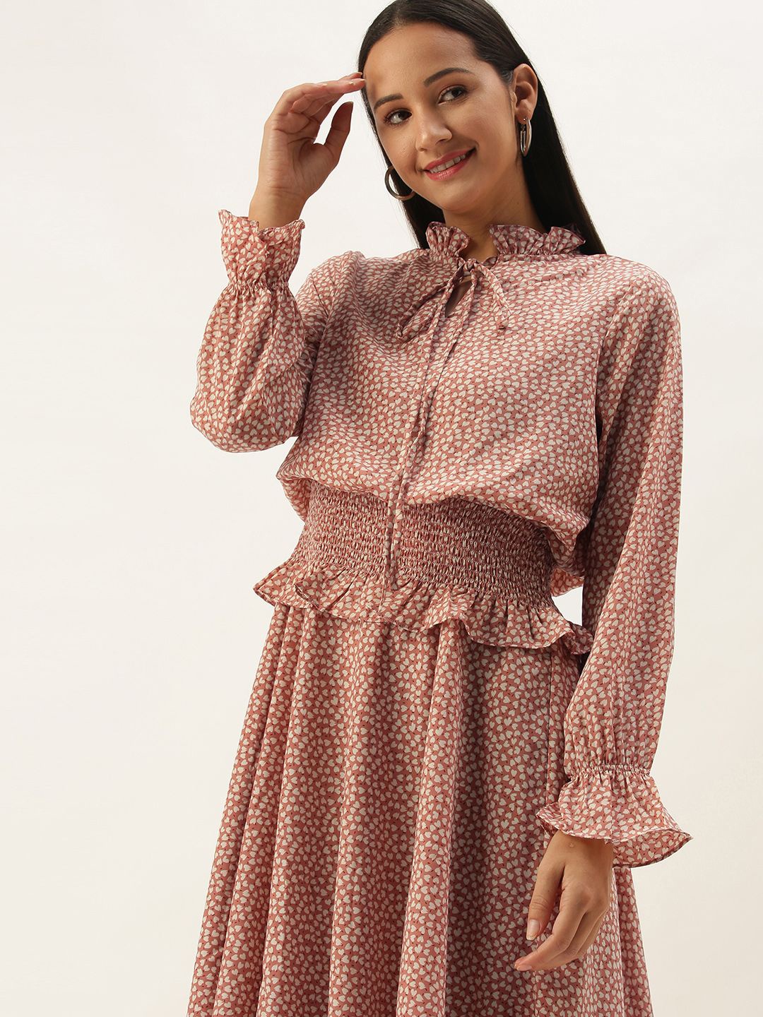 

SHECZZAR Polka Dot Print Tie-Up Neck Bell Sleeve Crepe Fit & Flare Midi Dress, Peach