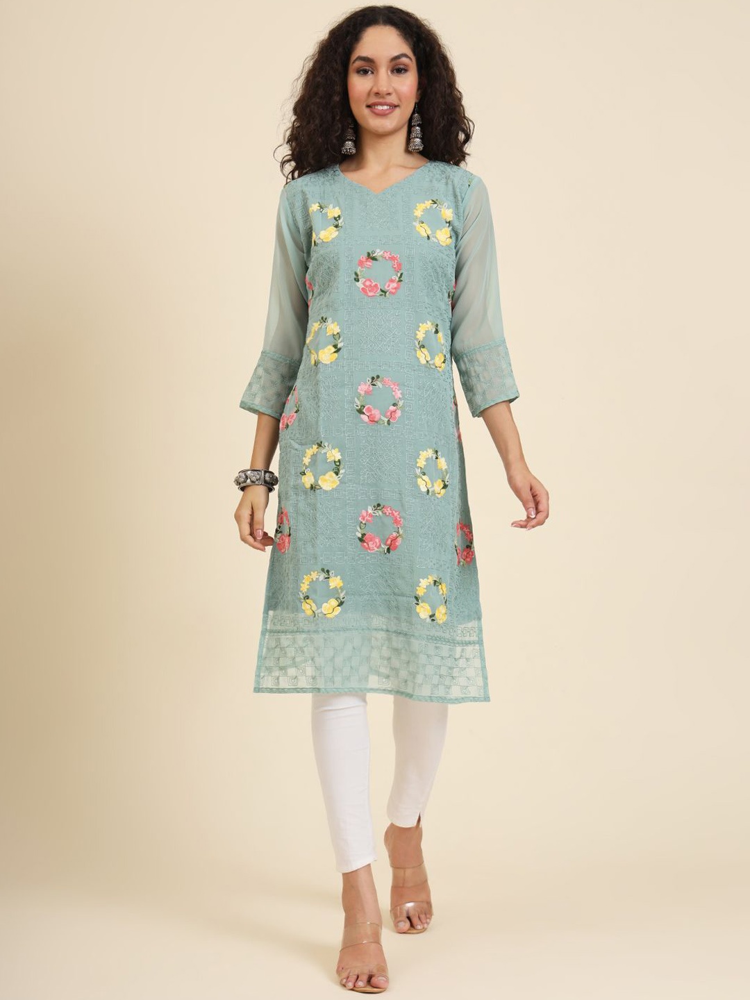 

HERE&NOW Women Floral Printed Thread Work Georgette Kurta, Olive