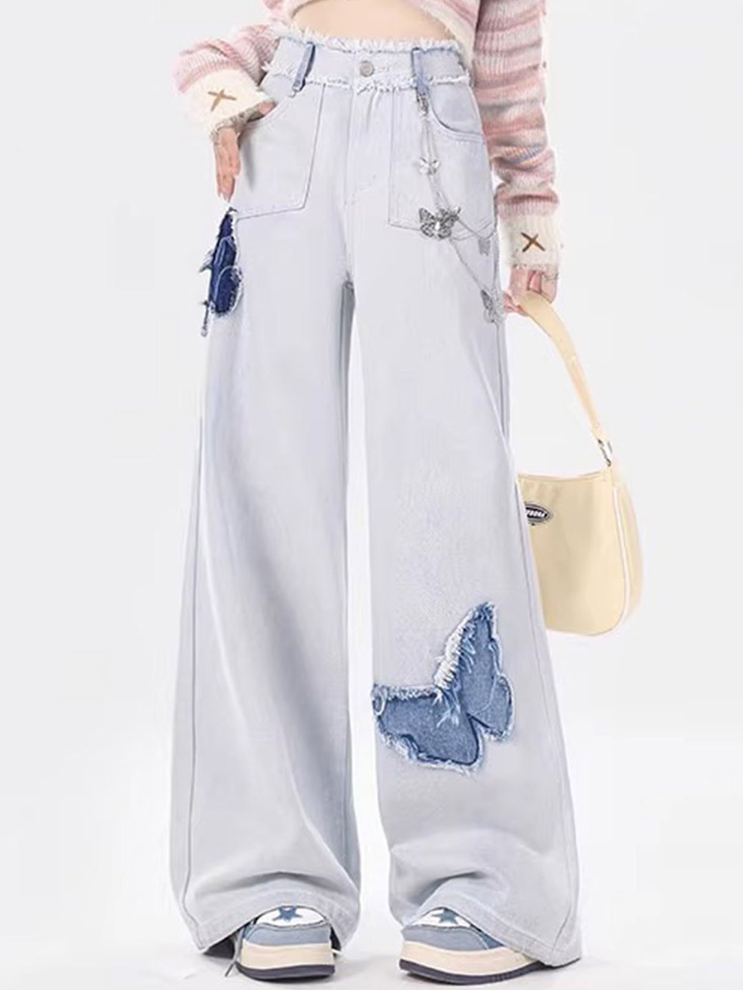 

LULU & SKY Women Wide Leg High-Rise Slash Knee Jeans, Blue