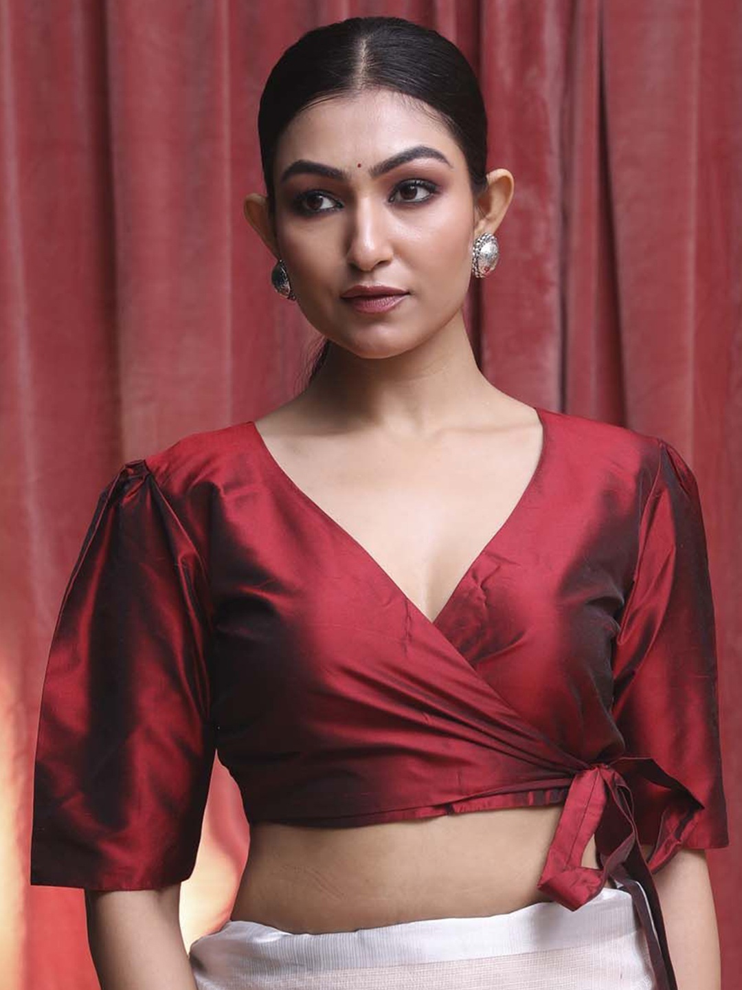 

Indethnic V Neck Short Sleeves Wrap Saree Blouse, Maroon