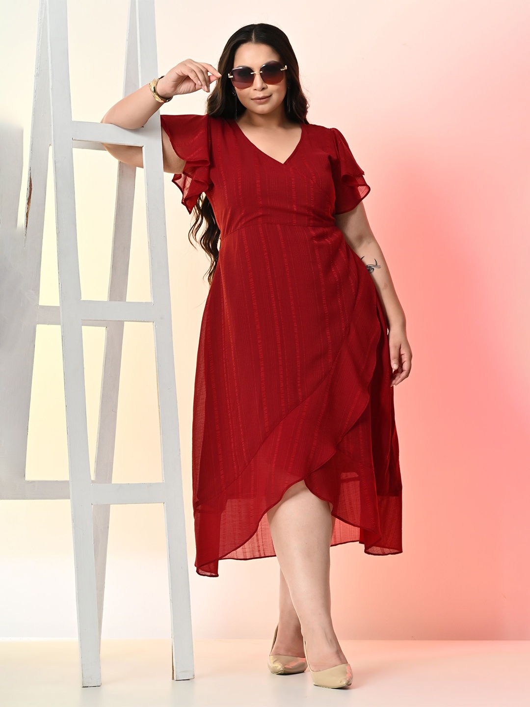 

PrettyPlus by Desinoor.com Plus Size Striped Georgette Wrap Midi Dress, Maroon