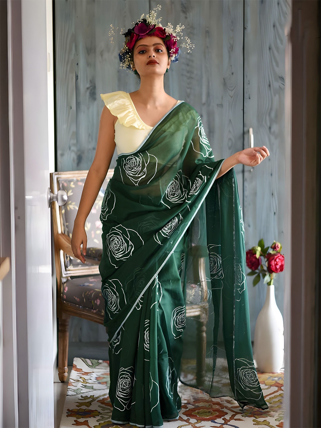 

Anouk Floral Linen Blend Saree, Green