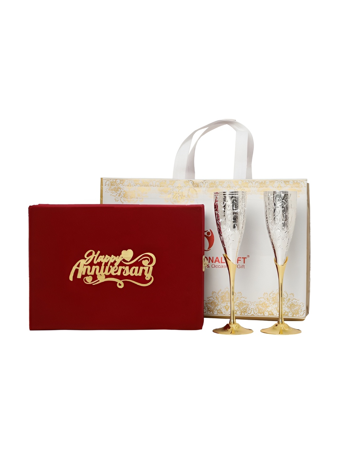 

INTERNATIONAL GIFT Red & White Wine Glass & Velvet Box Home Gift Sets, Silver