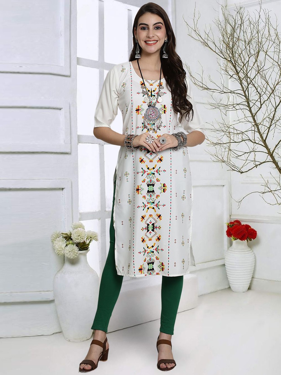 

7Threads Women Geometric Striped Mirror Work Floral Crepe Kurta, Multi