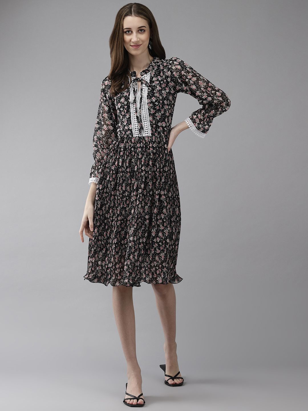 

BAESD Floral Print Georgette Blouson Dress, Black