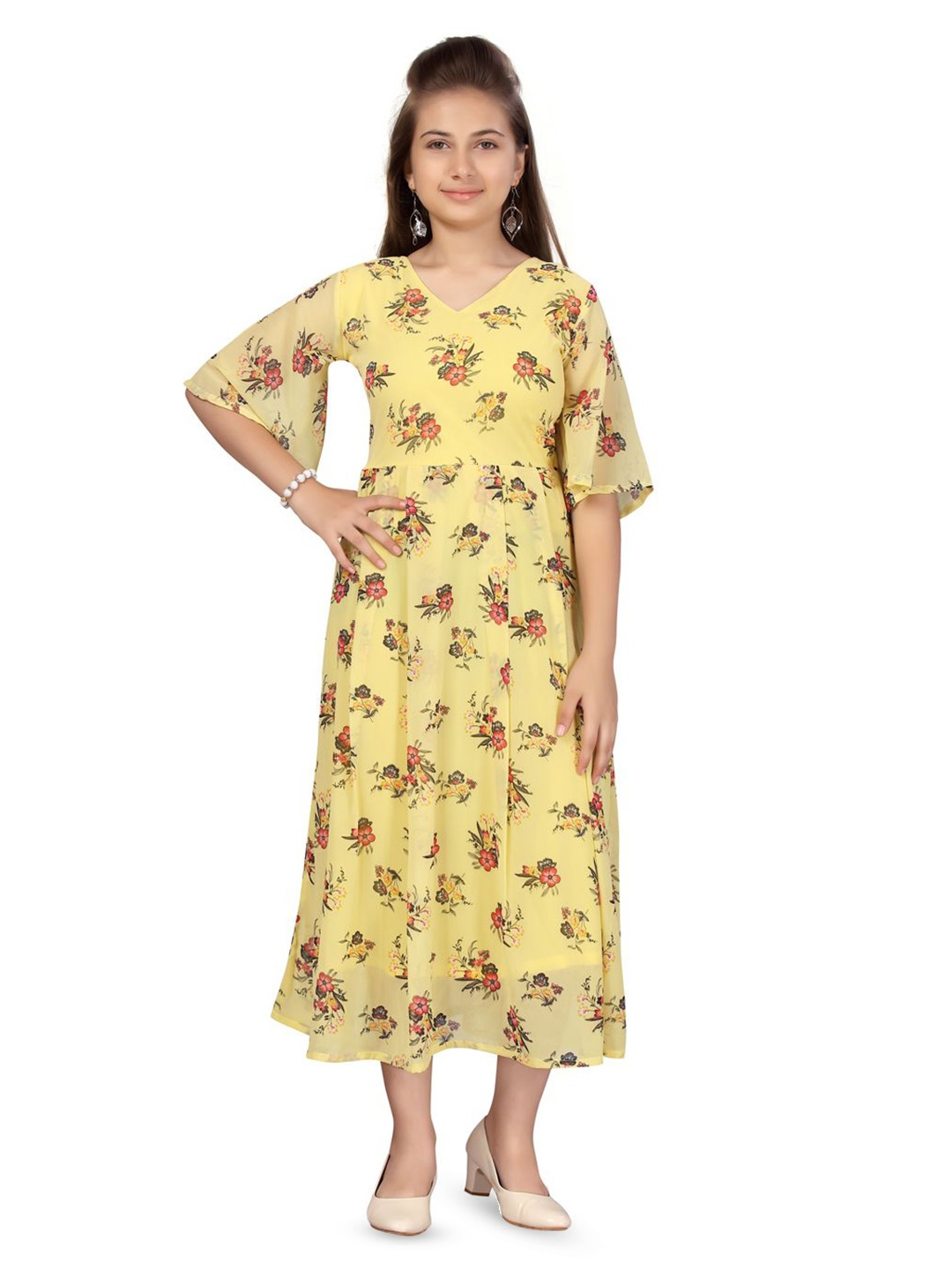 

BAESD Floral Print Georgette Fit & Flare Midi Dress, Yellow
