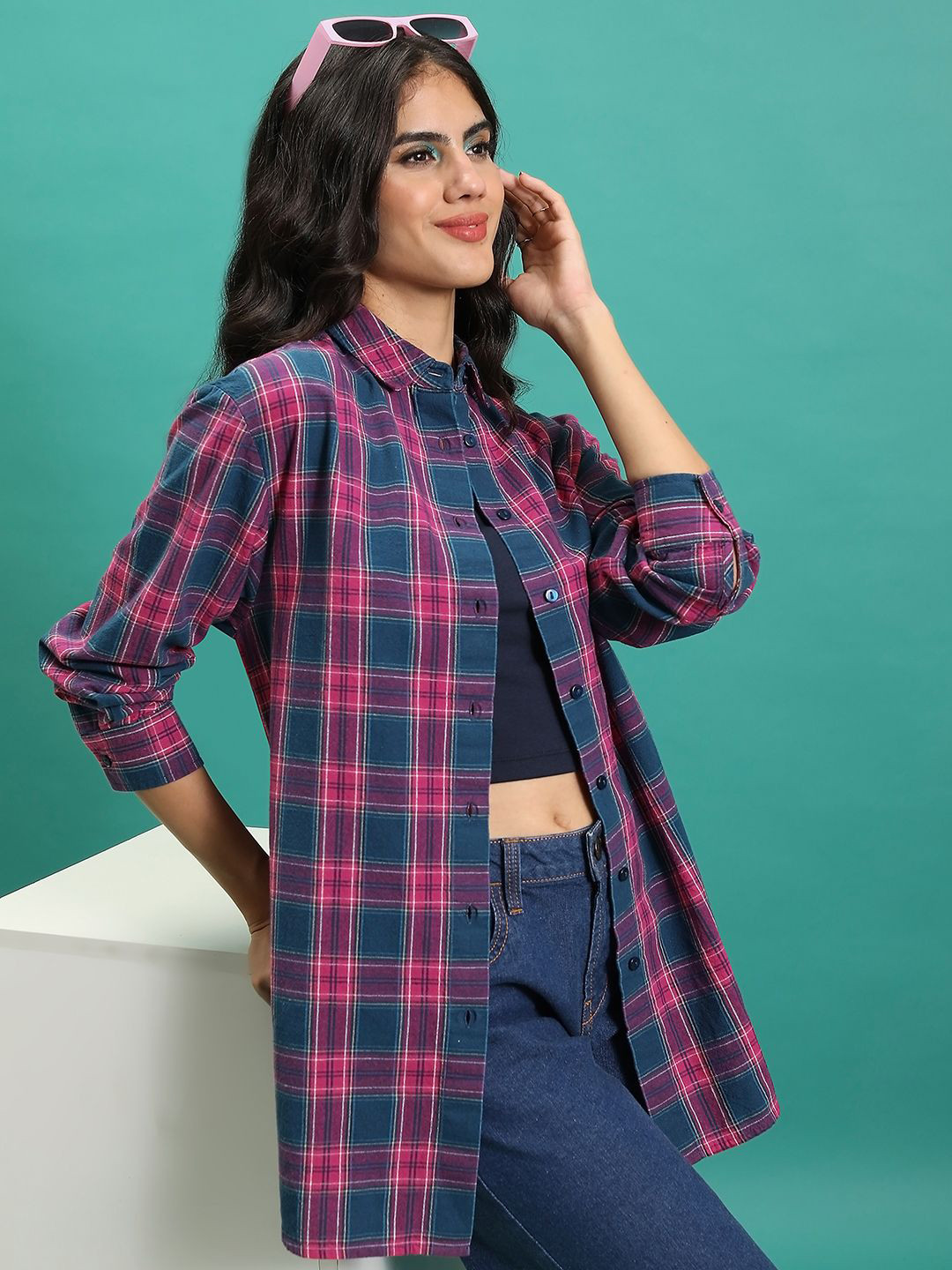 

Tokyo Talkies Women Tartan Checks Opaque Checked Casual Shirt, Teal