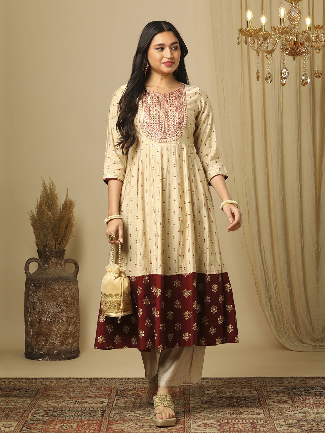 

Globus Women Ethnic Motifs Embroidered Panelled Thread Work Kurta with Trousers, Beige