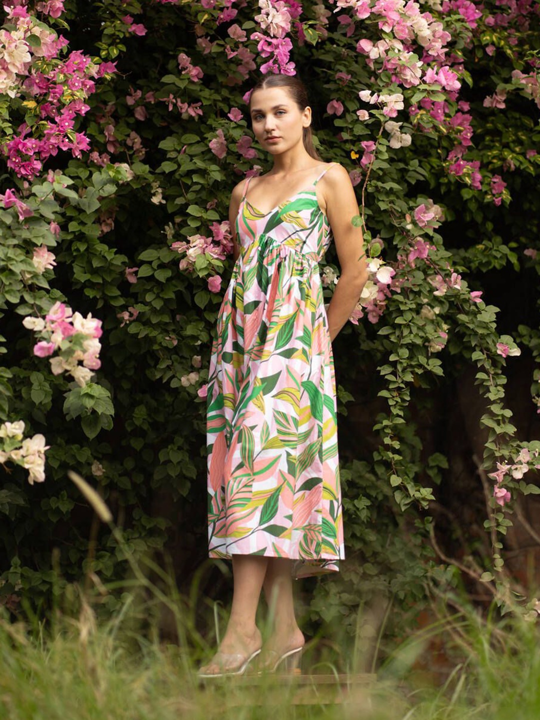 

SOTBELLA Floral Print Organic Cotton A-Line Dress, Green