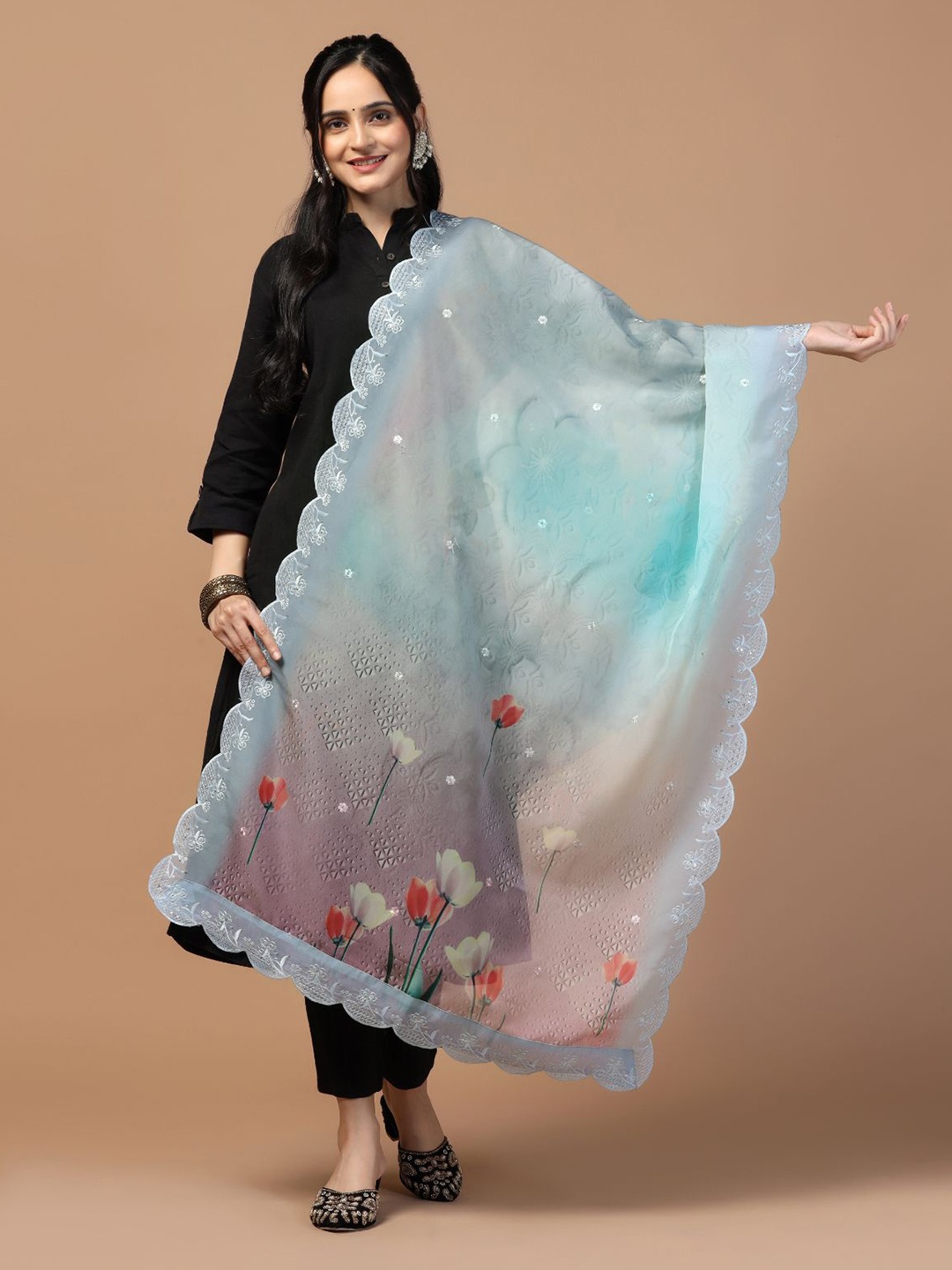 

Kaizen TEXO FAB Floral Digital Printed Organza Dupatta, Sea green