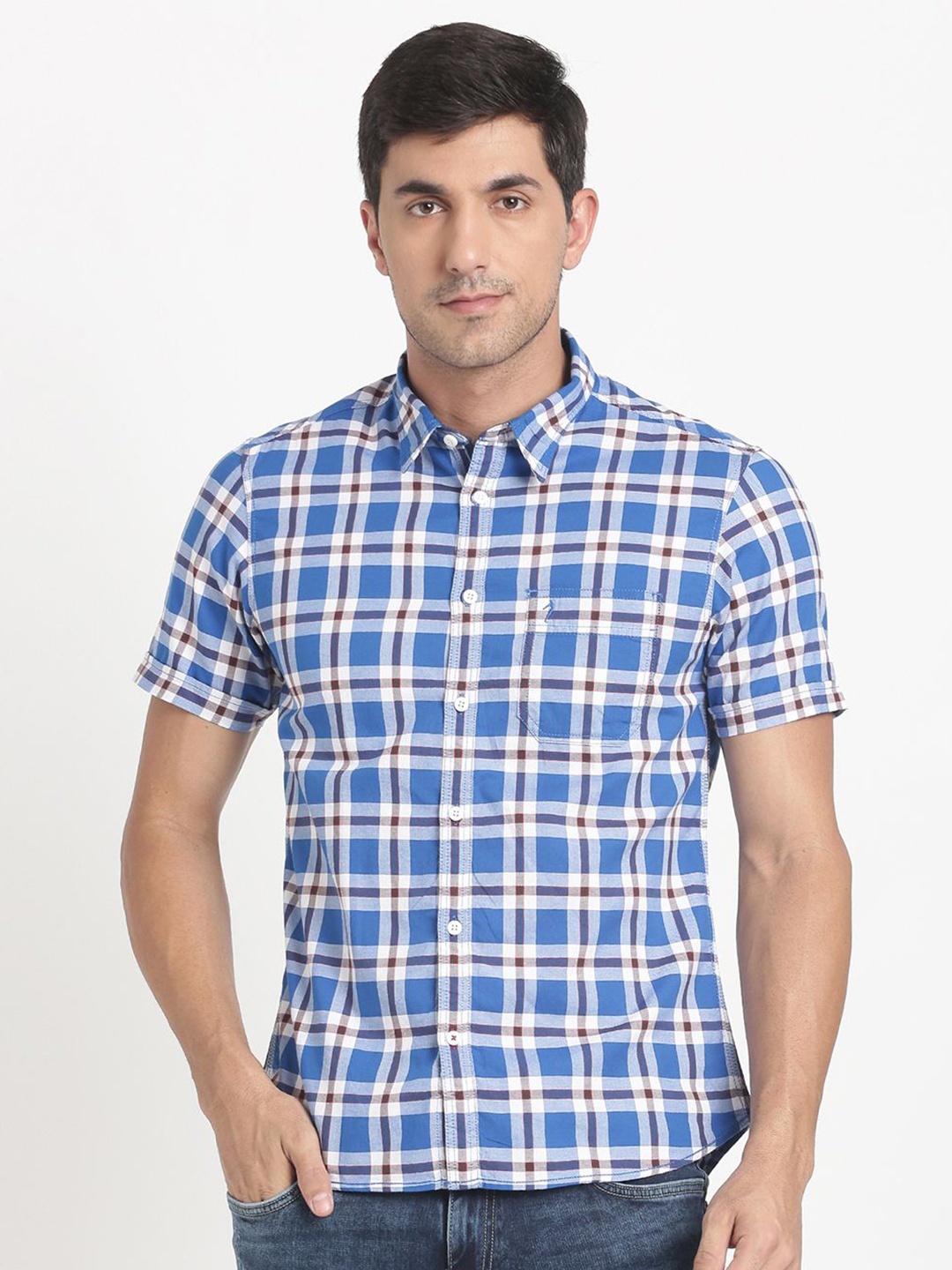 

Indian Terrain Men Chiseled Spread Collar Tartan Checked Cotton Skinny Fit Casual Shirt, Blue