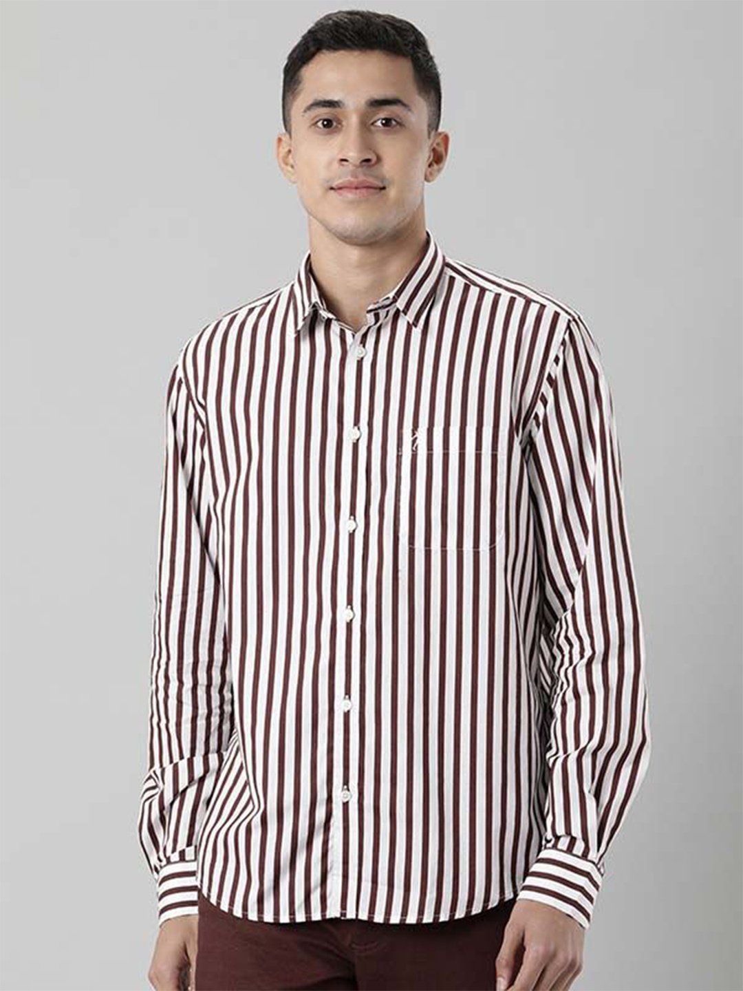 

Indian Terrain Men India Slim Spread Collar Striped Cotton Slim Fit Casual Shirt, Brown