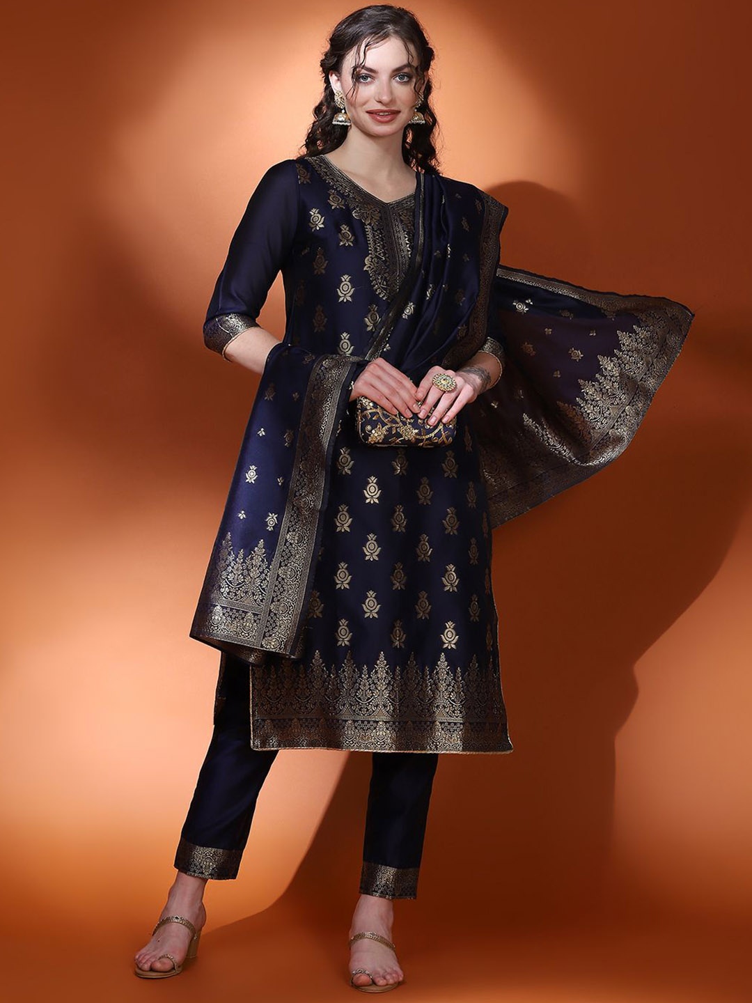 

Anouk Women Regular Kurta with Trousers & With Dupatta, Navy blue