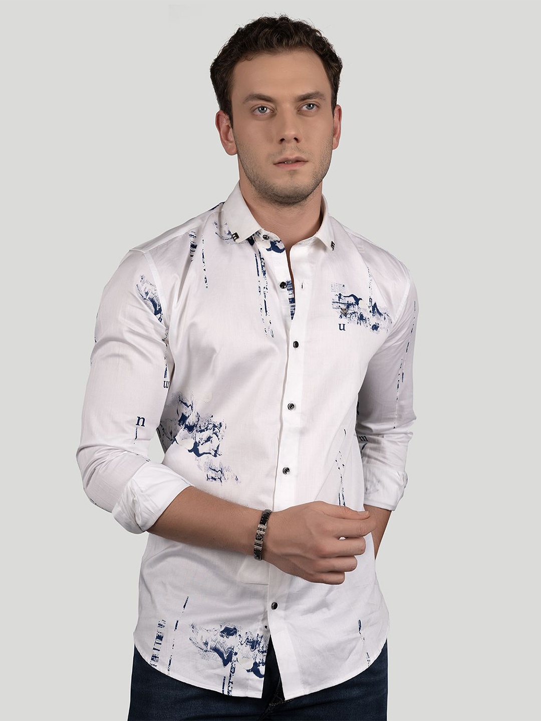 

ALMATY Men Comfort Slim Fit Opaque Printed Party Shirt, White