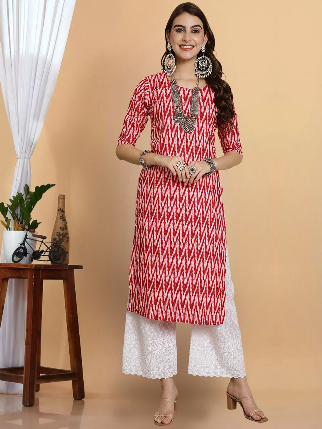 

7Threads Women Striped Keyhole Neck Floral Crepe Anarkali Kurta, Multi