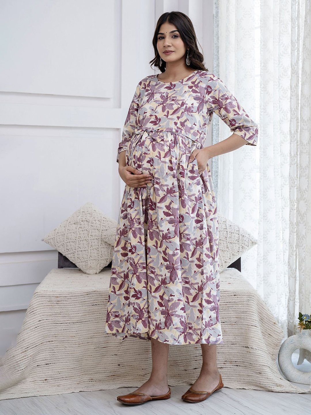 

Nayo Floral Print Maternity Fit & Flare Midi Dress, Off white