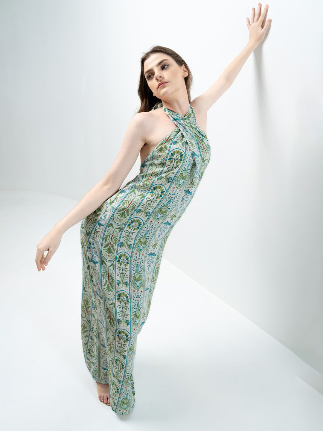 

SOTBELLA Ethnic Motifs Print Halter Neck Maxi Dress, Green