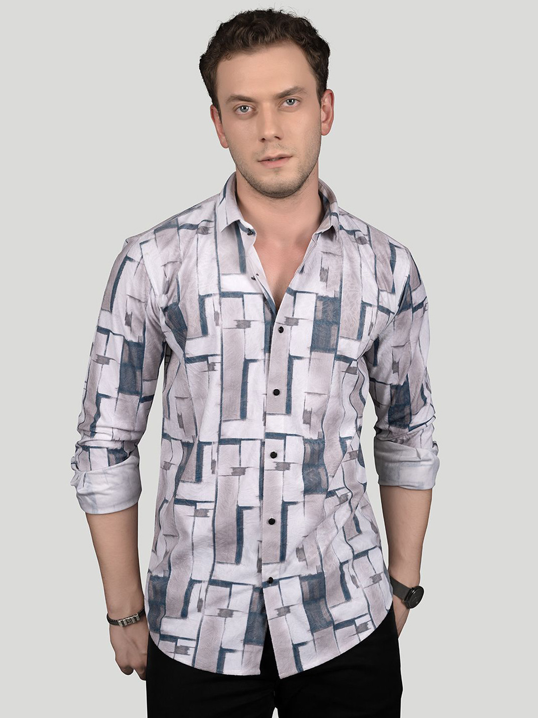 

ALMATY Men Comfort Slim Fit Opaque Printed Party Shirt, Cream
