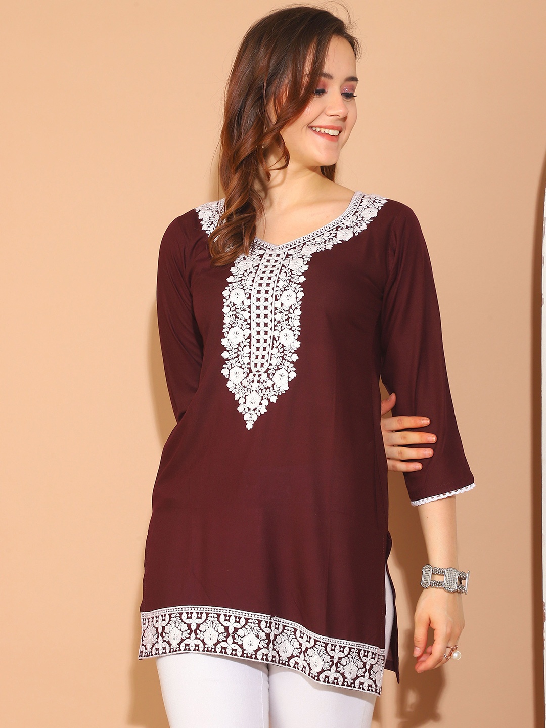 

KALINI Sweetheart Neck Embroidered Tunic, Maroon