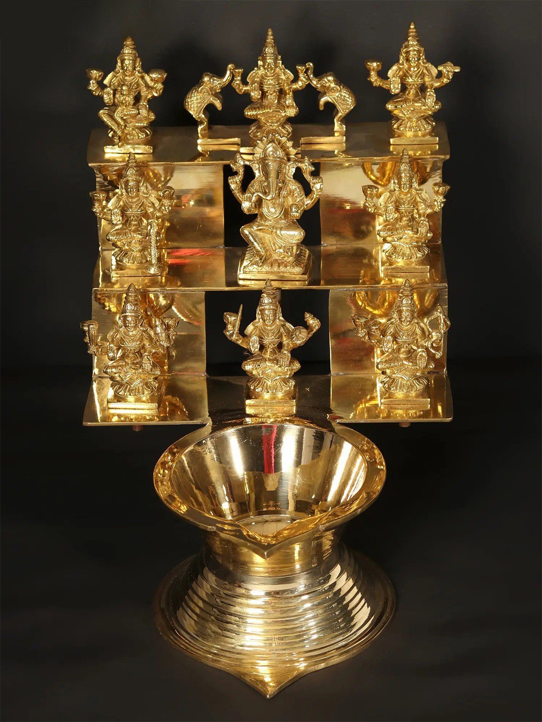 

Exotic India 16" Brass Ashta Lakshmi Lamp with Ganesha at Center, Gold