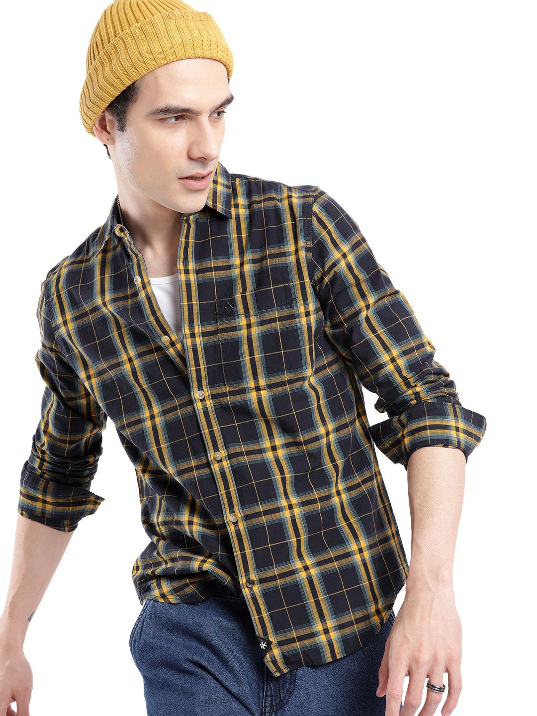 

WROGN Men Custom Slim Fit Opaque Checked Casual Shirt, Yellow
