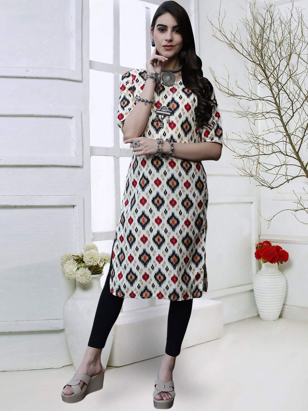 

7Threads Women Geometric Striped Keyhole Neck Thread Work Floral Crepe Kurta, Multi