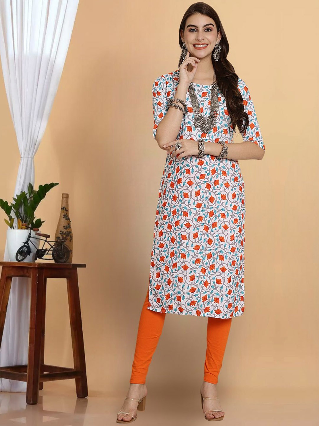

7Threads Women Printed Thread Work Floral Crepe Kurta, Multi