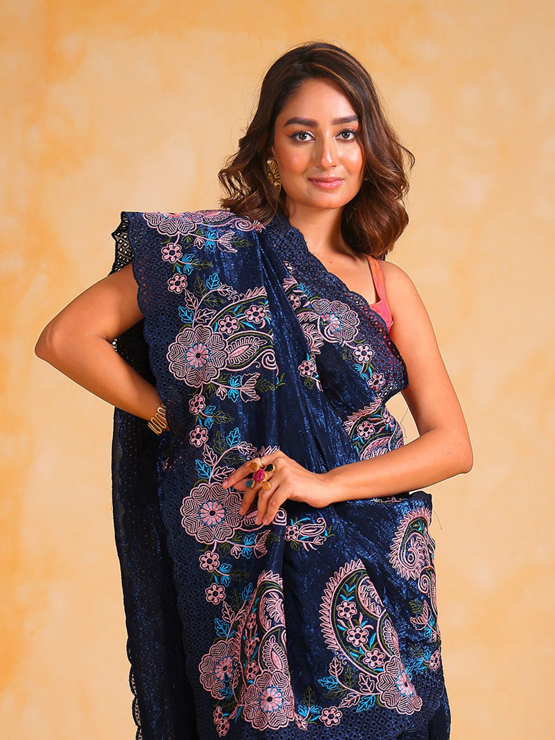 

SAREESBYCHIRAG Ethnic Motifs Embroidered Pure Silk Saree, Navy blue
