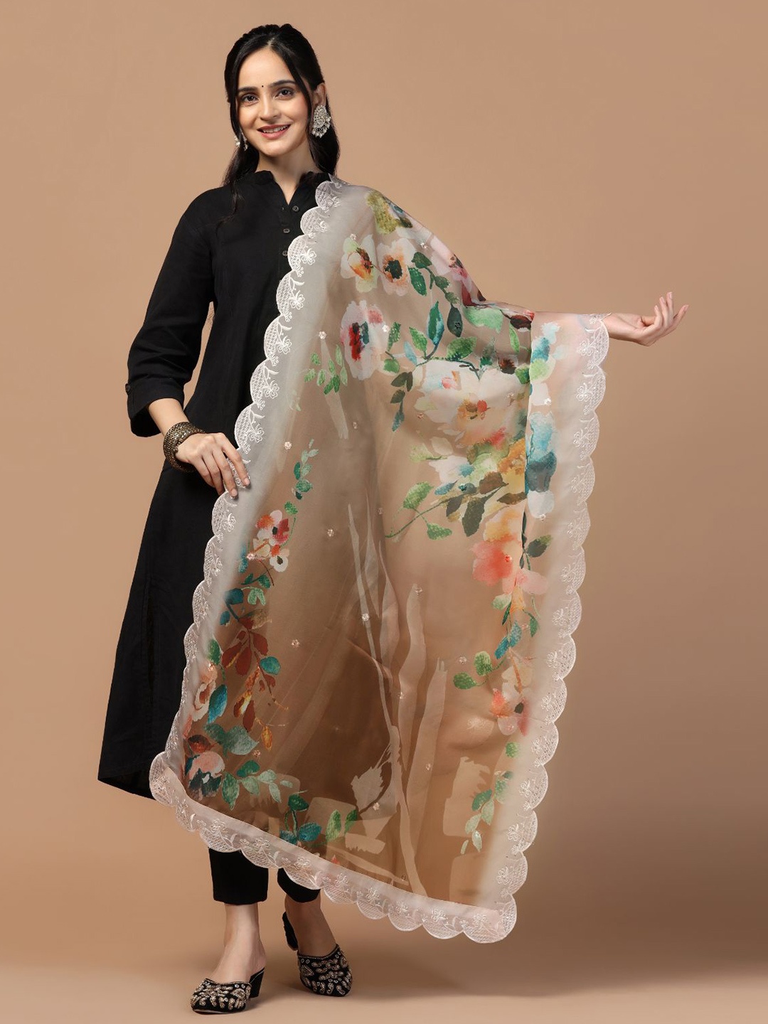 

Kaizen TEXO FAB Printed Sequin Embellished Organza Silk Dupatta, Brown