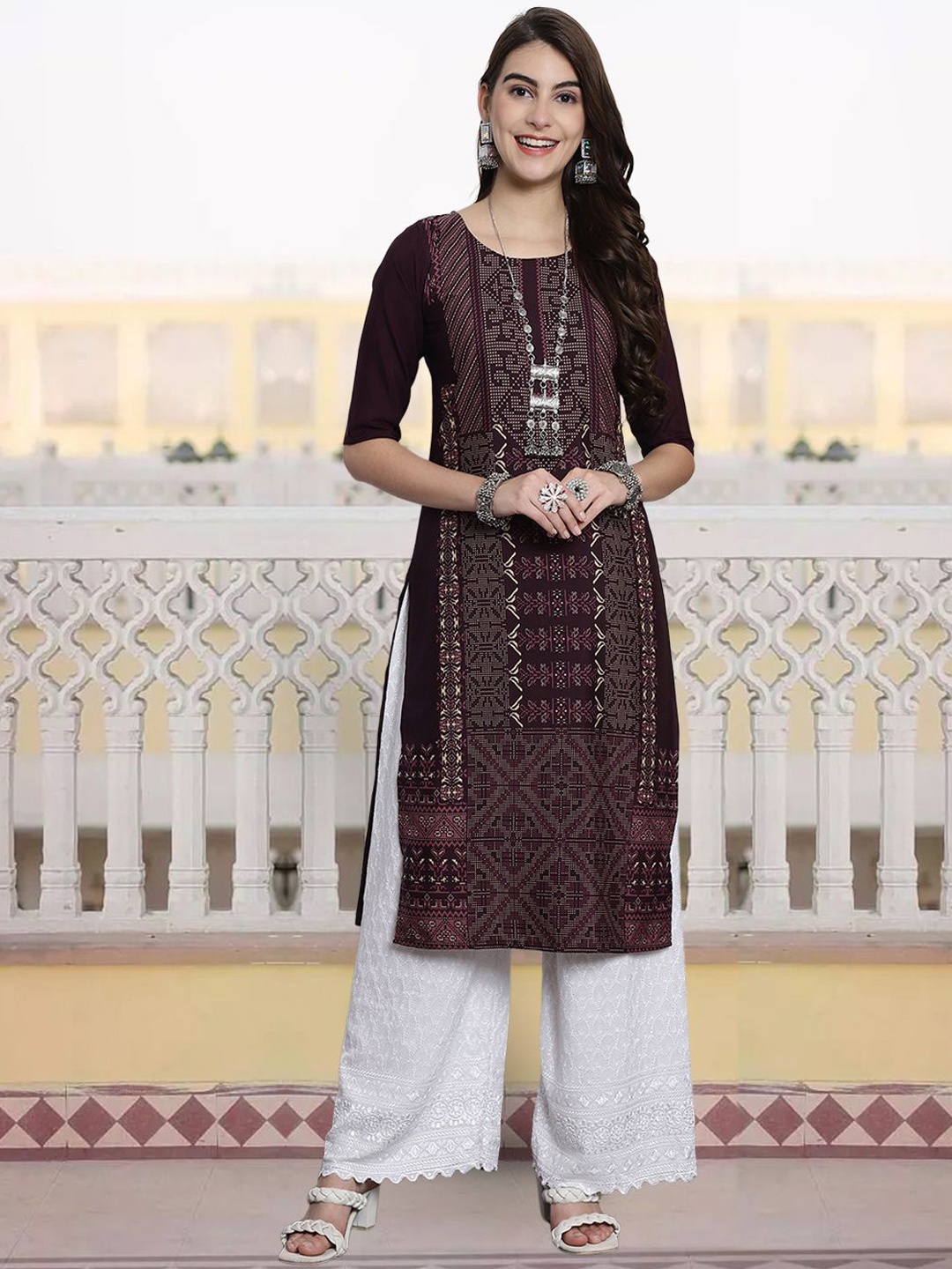 

7Threads Women Ethnic Motifs Printed Sequinned Floral Crepe Kurta, Multi