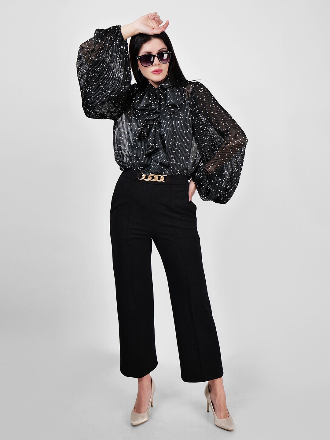 

DRIRO Animal Print Tie-Up Neck Chiffon Top, Black