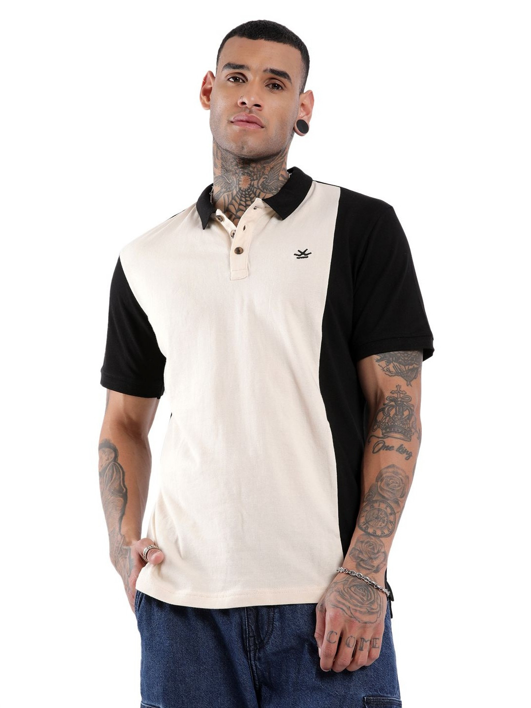 

WROGN Elite Colourblocked Polo Collar Slim Fit Cotton T-shirt, Black