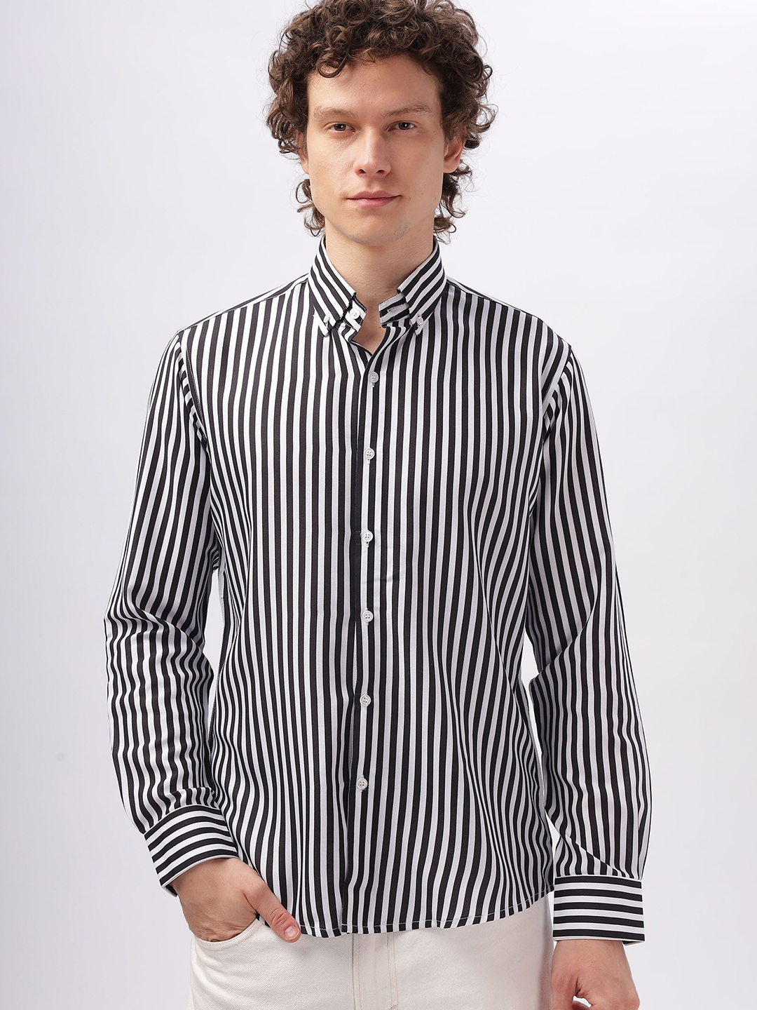 

HAMPTONS Cotton Blend Stripes Casual Shirt, Black
