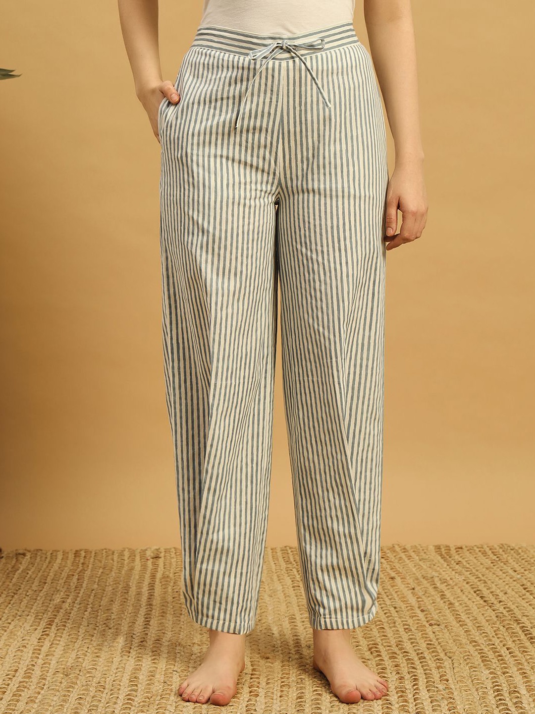 

MBeautiful Striped Organic Cotton Straight-Fit Lounge Pants, White