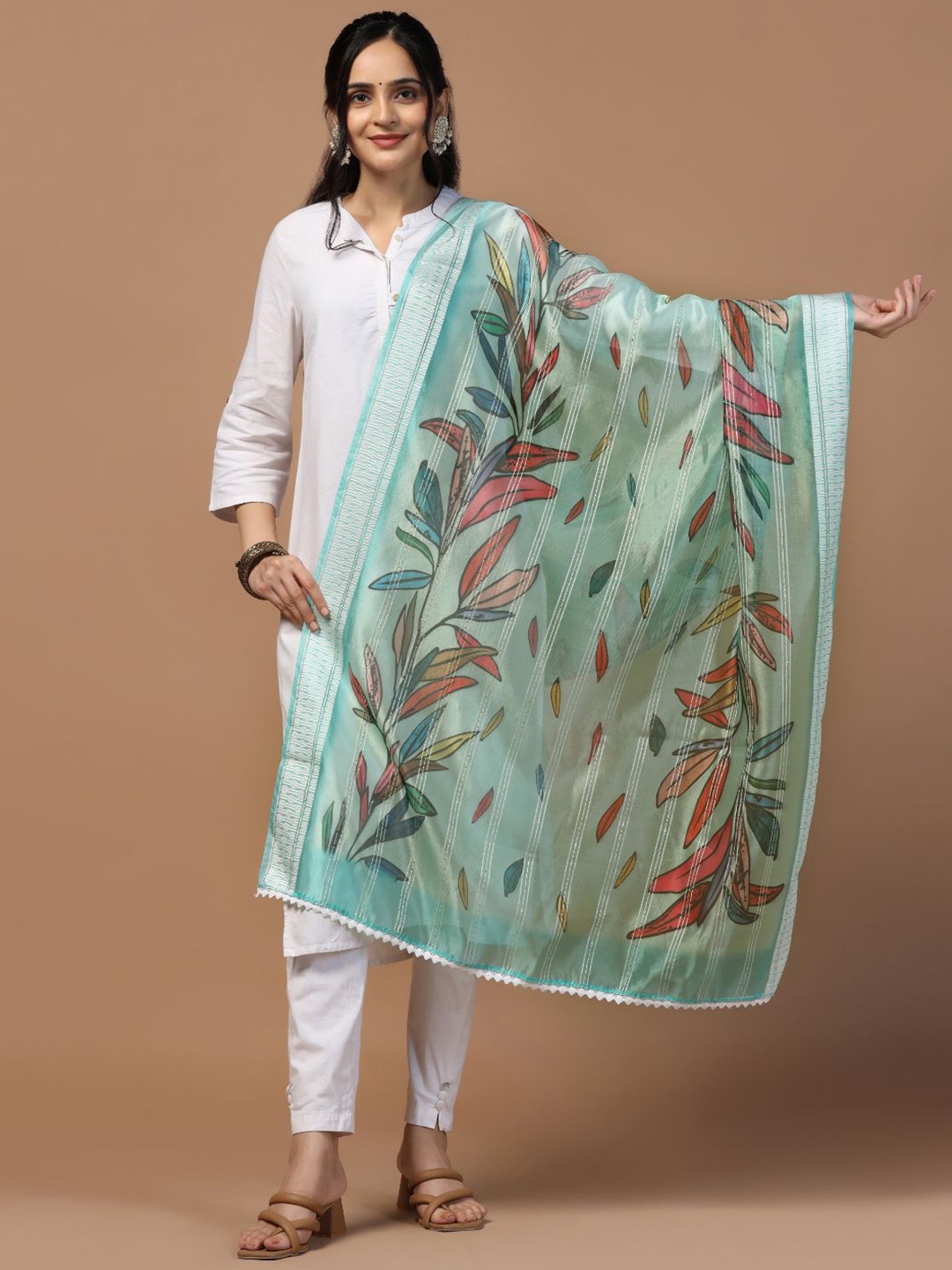 

Kaizen TEXO FAB Floral Printed Organza Dupatta, Sea green